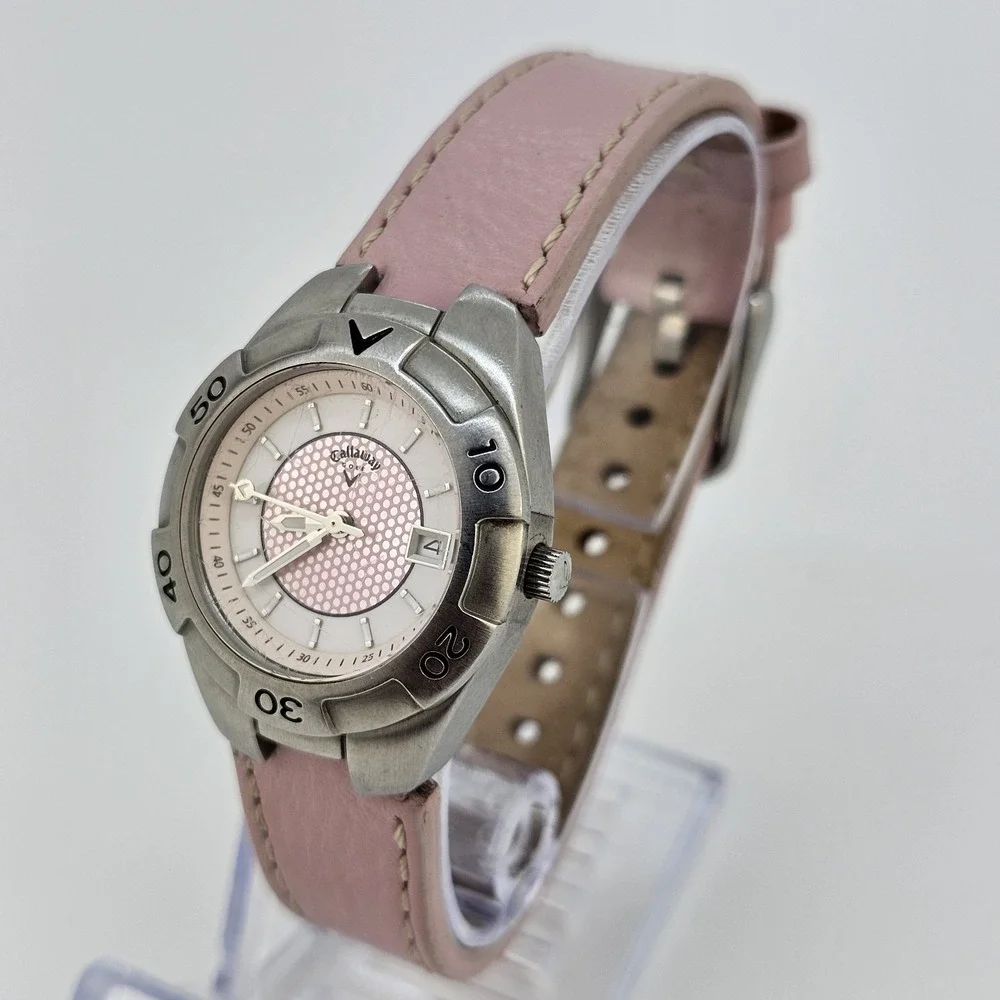 Callaway Golf Watch Women's 28MM Pink Dial Date Pink Leather Bands New Battery‎